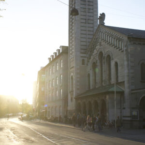 Solnedgang over Istedgade og Kristkirken